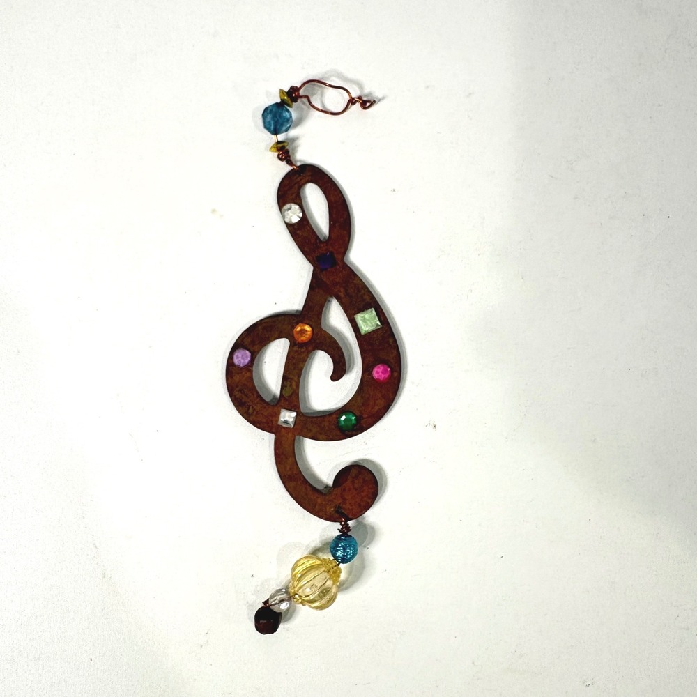 Rustic Metal Treble Clef Ornament Music Note Suncatcher Colorful Rhinestones